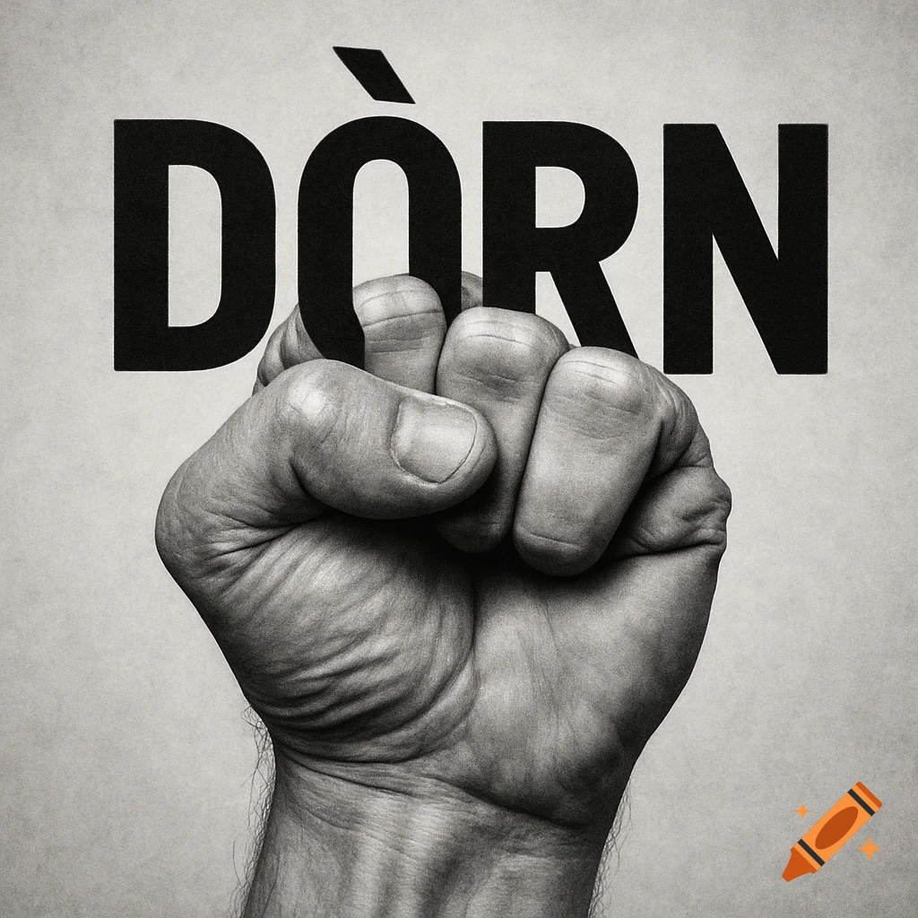 Black and white close-up of a clenched fist below the word DÒRN