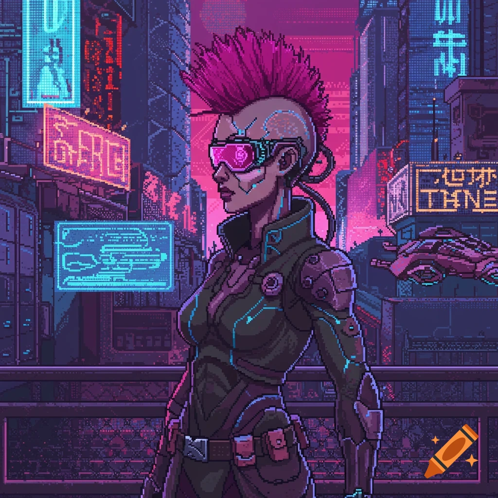 Pixel art of a cyberpunk character with a pink mohawk and goggles standing in a neon-lit futuristic city.