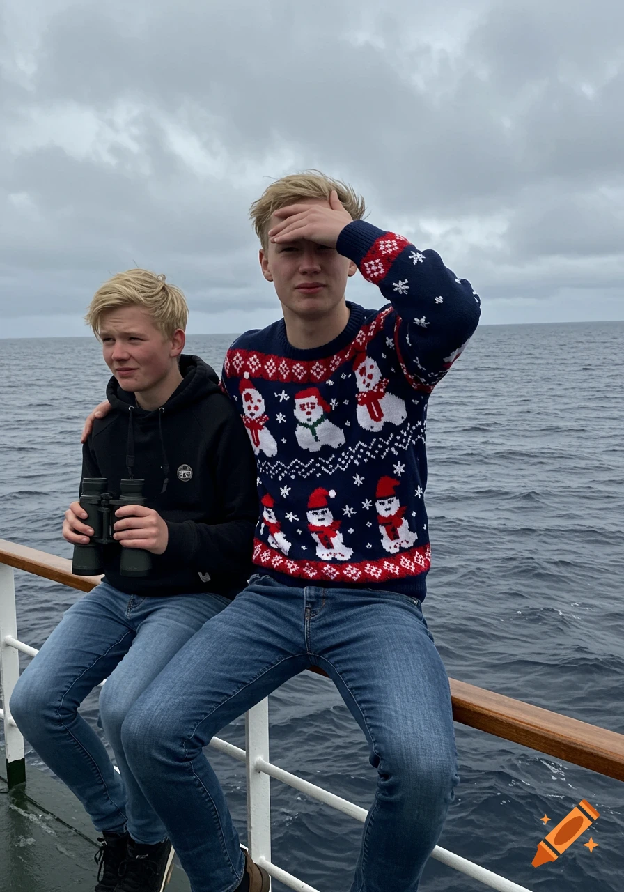 Two young men sit on a ship's railing at sea. One wears a Christmas sweater and shields his eyes; the other holds binoculars.