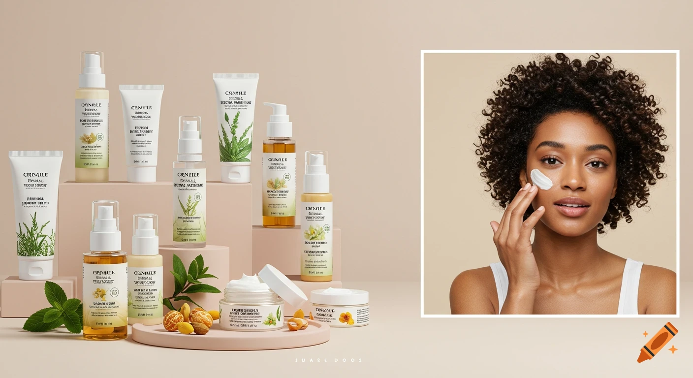 Photorealistic product shot of skincare line with woman applying cream.