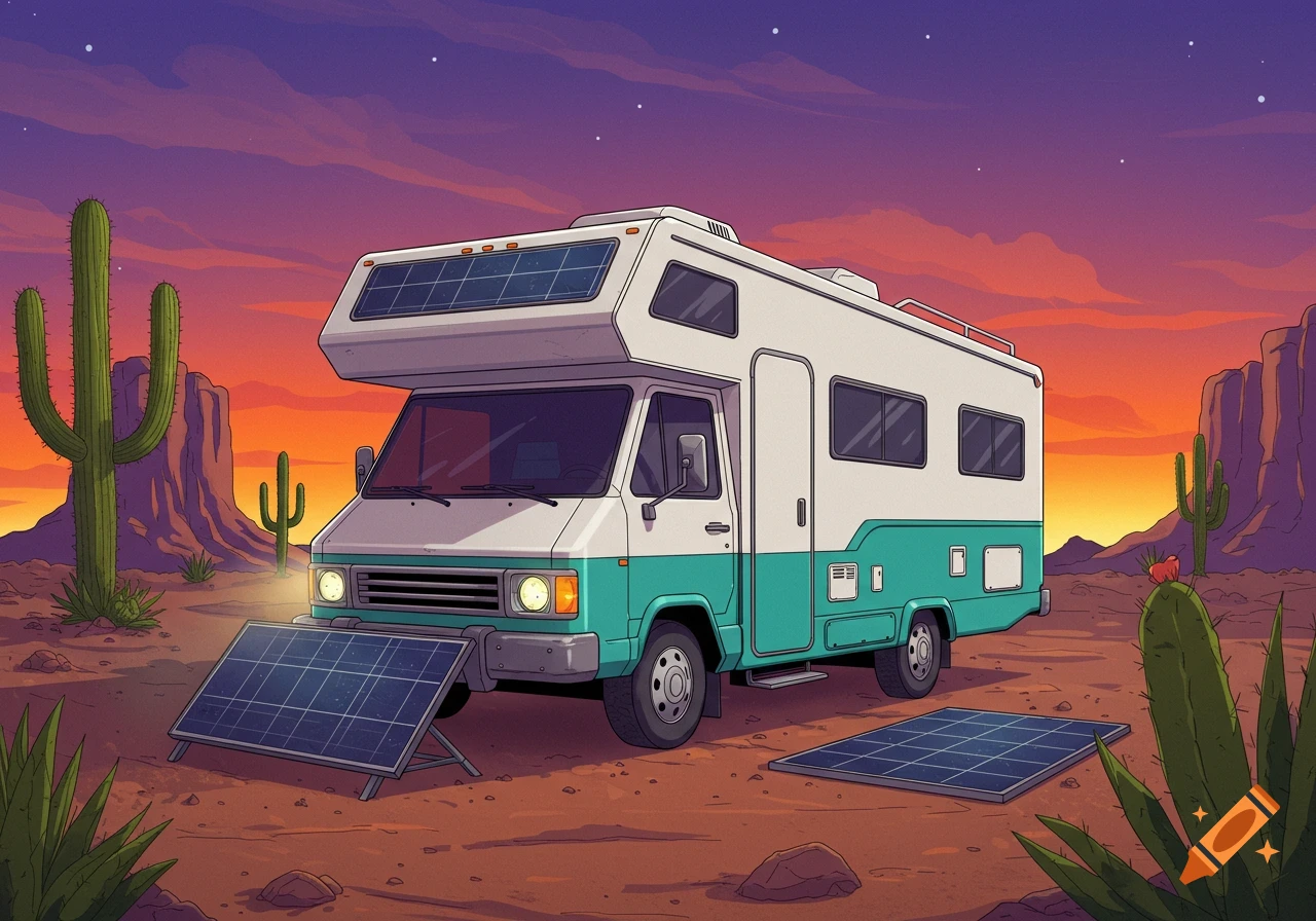 A cartoon illustration of an RV with solar panels parked in a desert landscape at sunset.