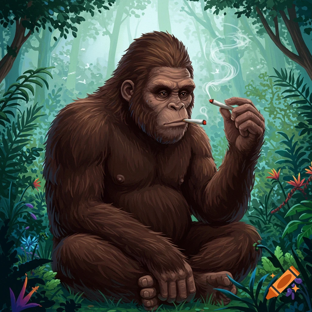 Illustration of a Bigfoot smoking cigarettes in a jungle.