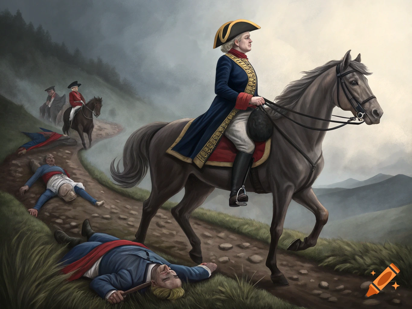Illustration of a figure dressed like Napoleon on a horse, riding past dead figures on a path.