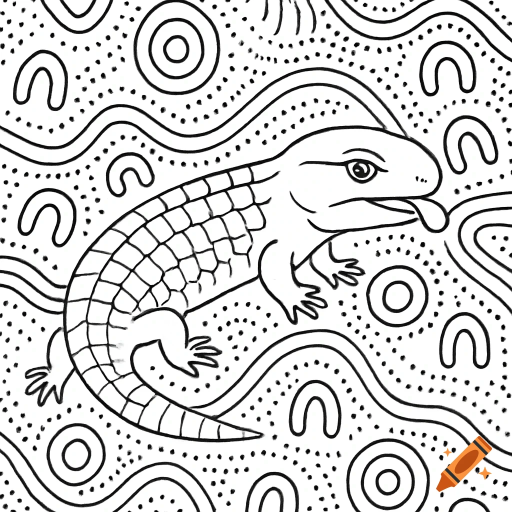 Black and white coloring page of a lizard in an Aboriginal art style background.