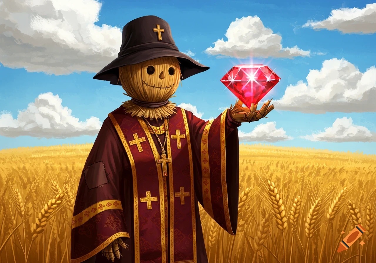 A scarecrow wearing orthodox priest's robes holds a glowing ruby in a wheat field under a cloudy sky.