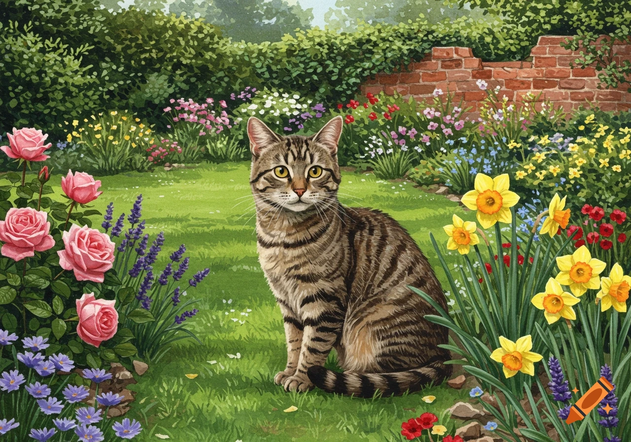 A tabby cat sits in a colorful English country garden illustration.