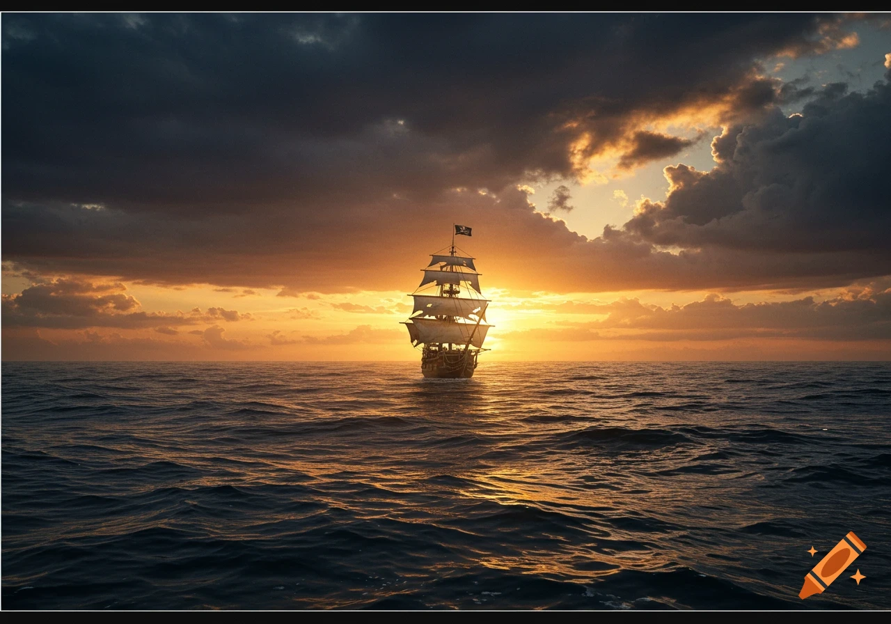 A pirate ship sailing on a choppy sea at sunset with dramatic clouds.