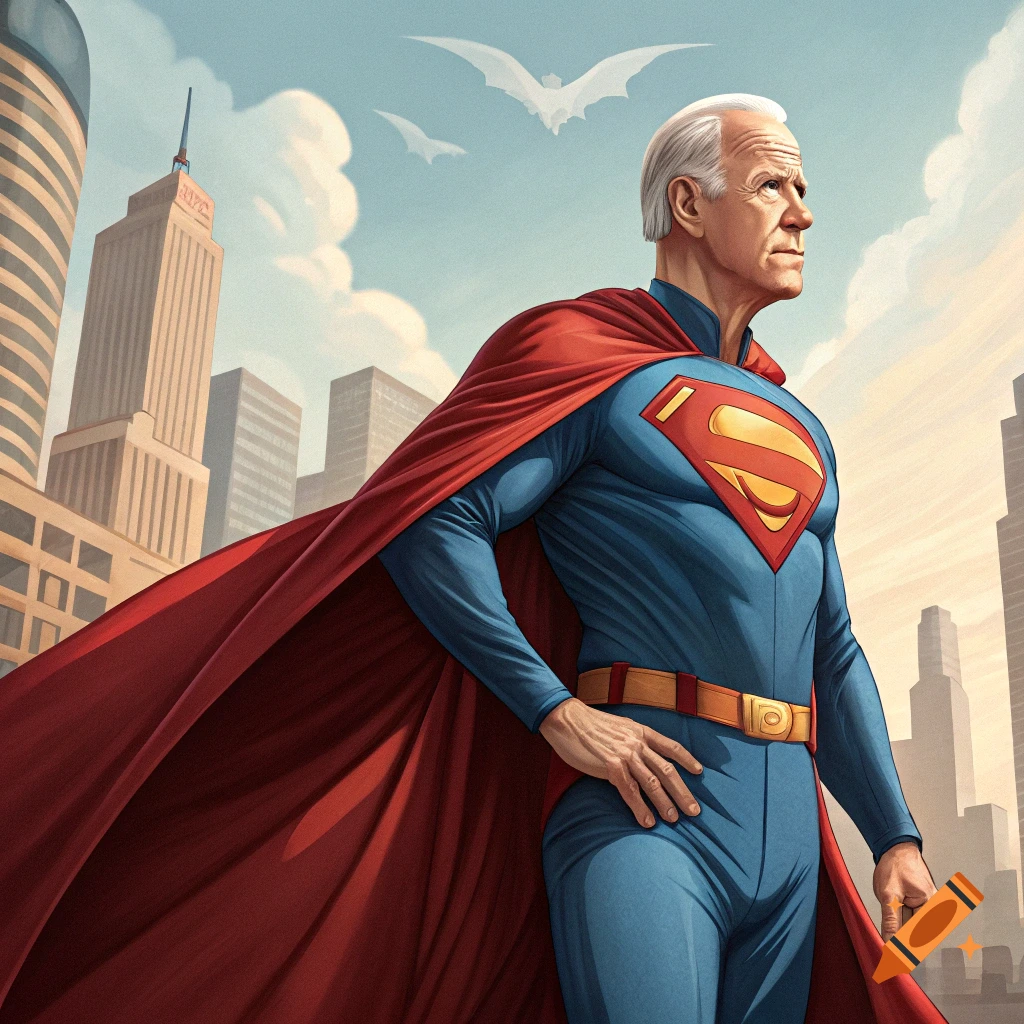 Illustration of Joe Biden dressed as Superman standing in a city.