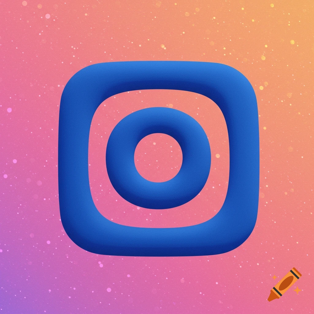 A 3D blue icon resembling the Instagram logo on a pink and orange gradient background with sparkles.