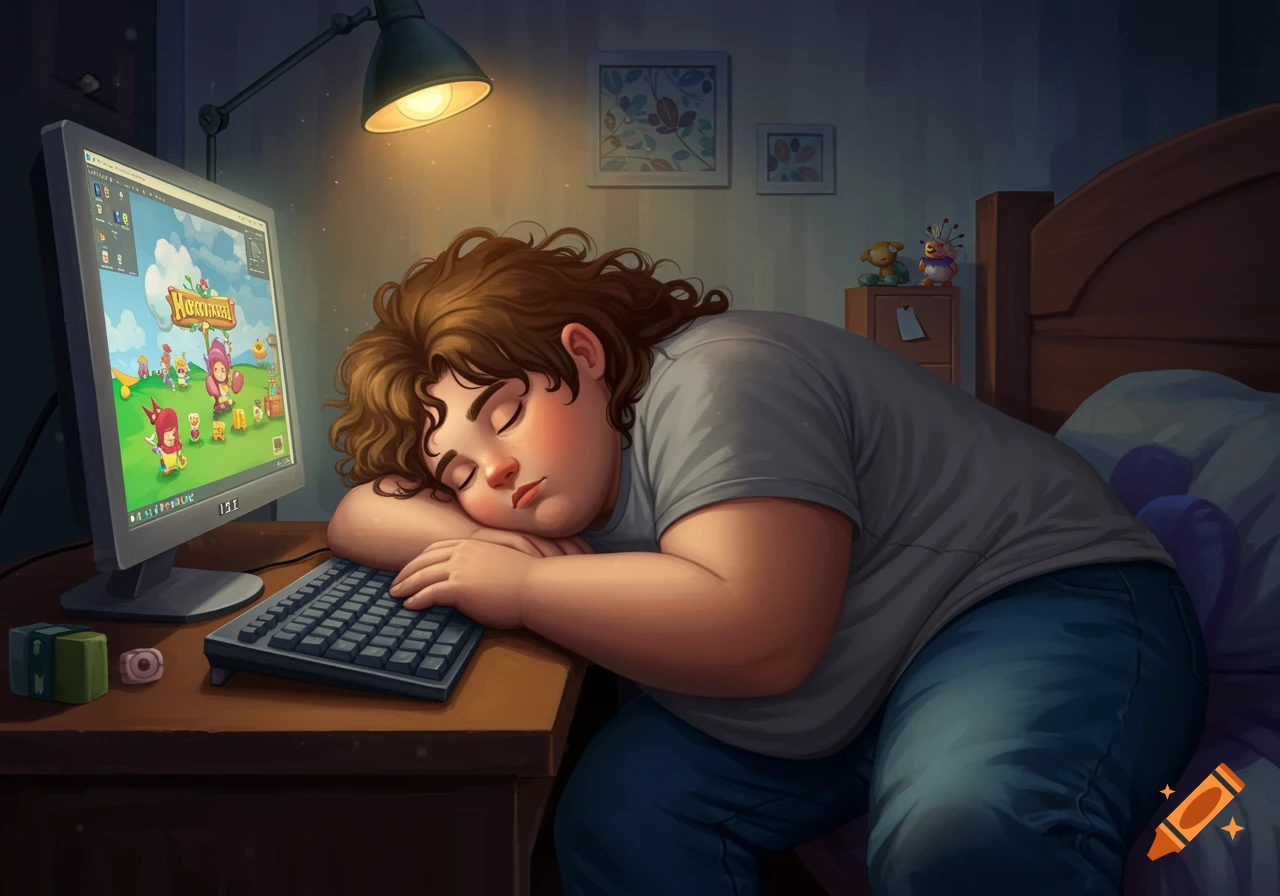 A person with curly brown hair has fallen asleep on a desk next to a computer with a colorful game on the screen in a bedroom.