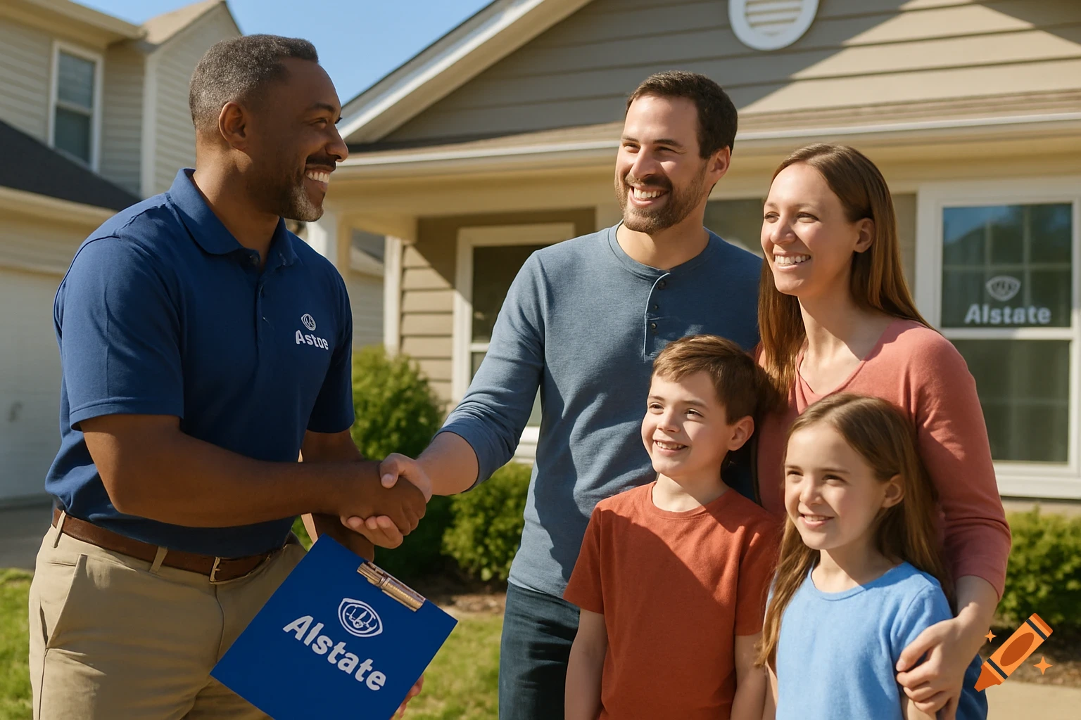 Insurance agent shakes hands with a family in front of a house