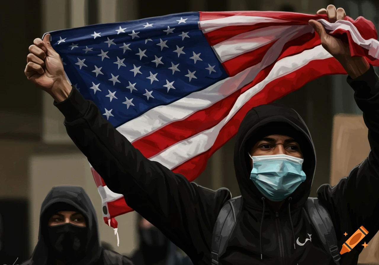 Illustration of two hooded people, one wearing a mask, holding an American flag aloft.