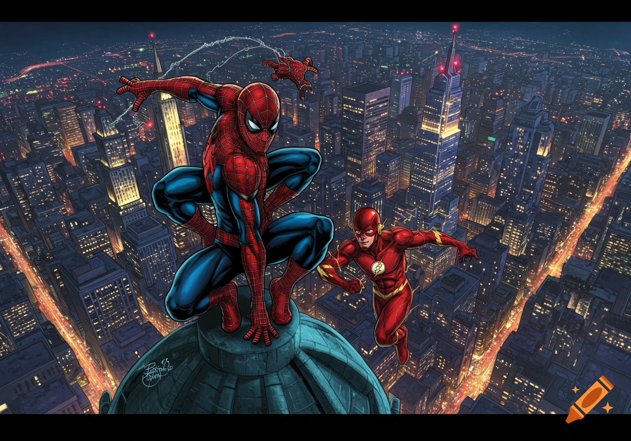Spider-Man and Flash over a city at night, comic art