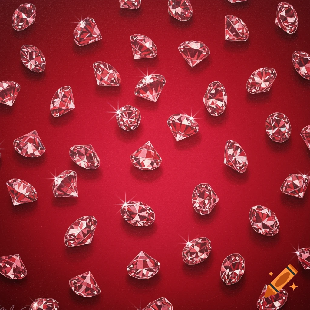 Red faceted gems scattered on a deep red background.