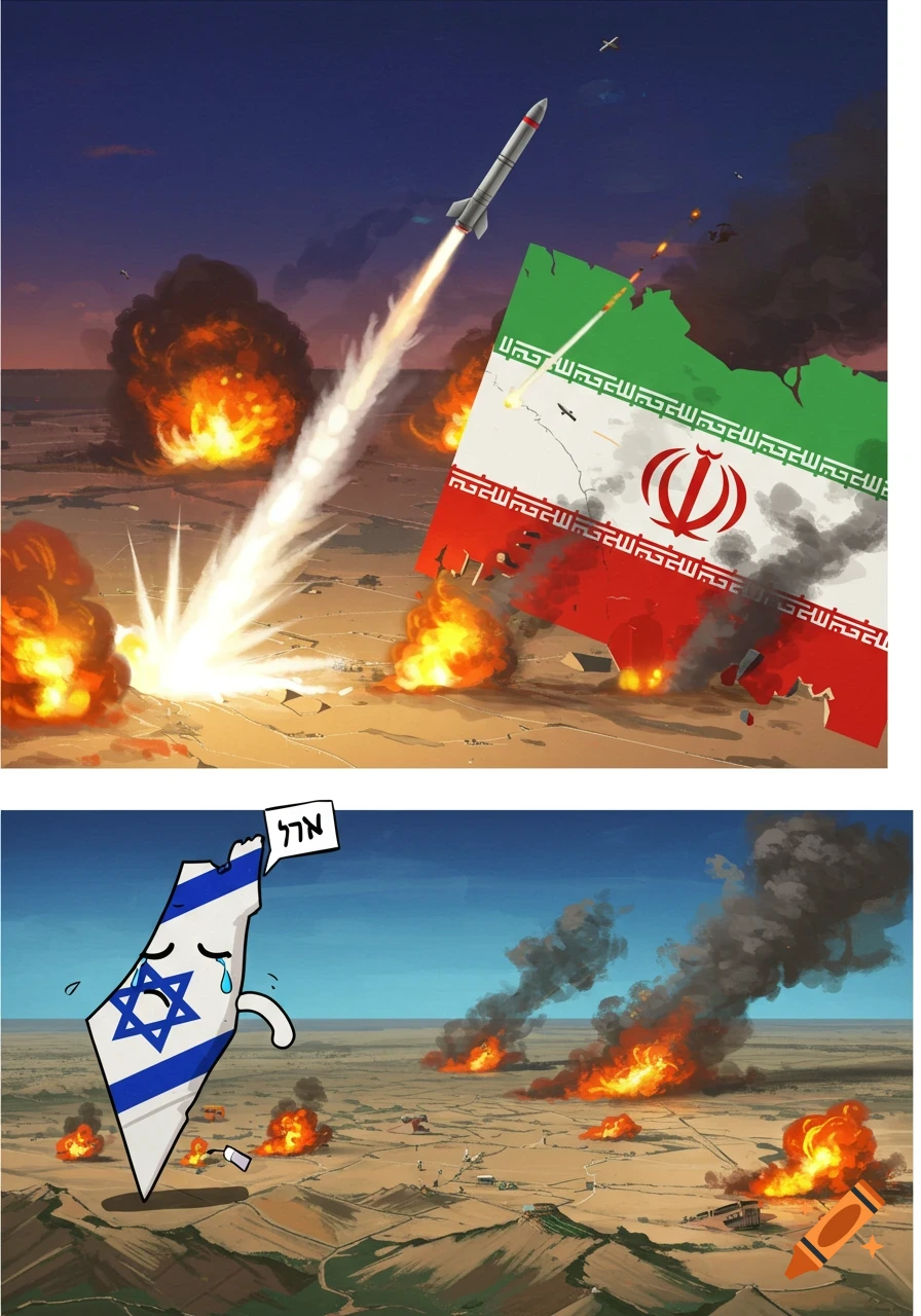 Cartoon showing a missile hitting a map of Iran and a cartoon map of Israel crying amidst explosions.