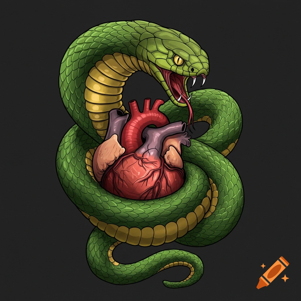 Stylized tattoo drawing of a green snake constricting around a human heart.
