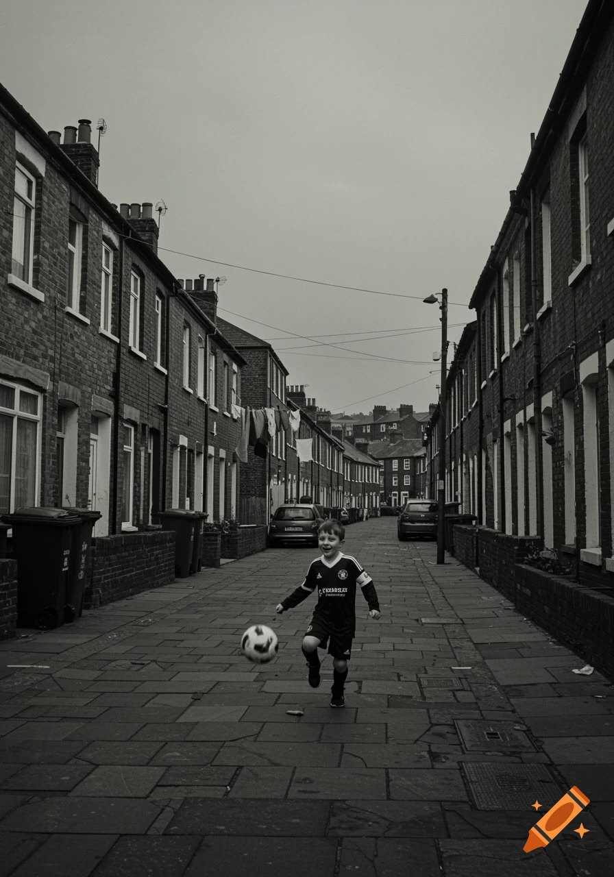 Boy playing football in a black and white photo of a terraced street.
