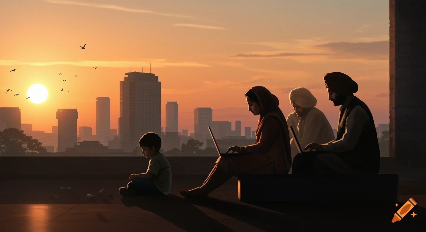 Digital painting of a Punjabi family on a rooftop with laptops, silhouetted against a city skyline at sunset.