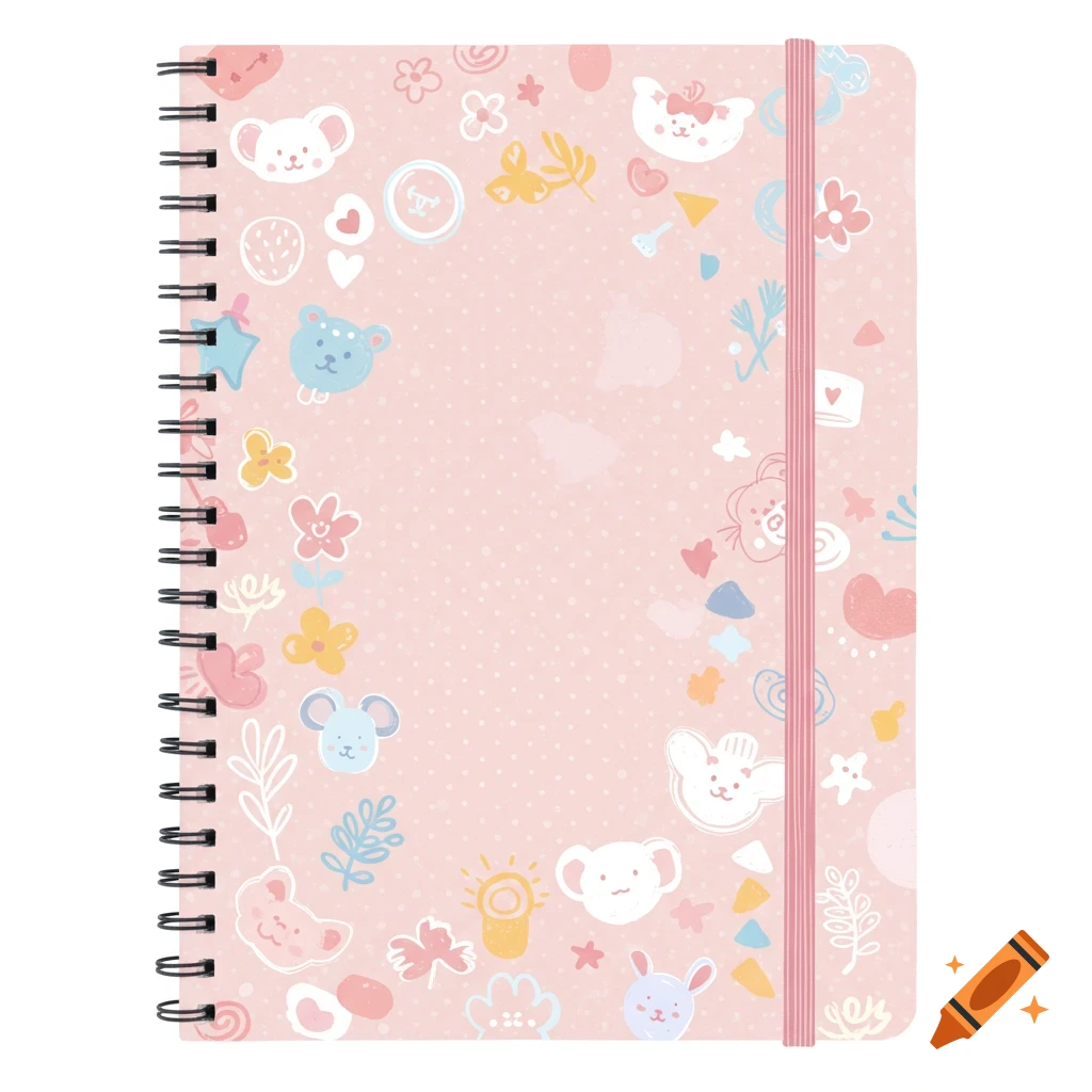Pink spiral notebook cover with cute animal and floral doodles