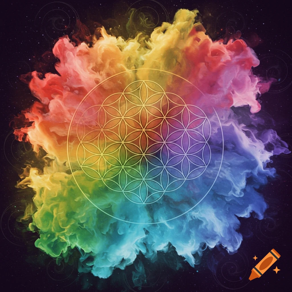 Rainbow smoke surrounds a flower of life symbol on a dark, starry background.