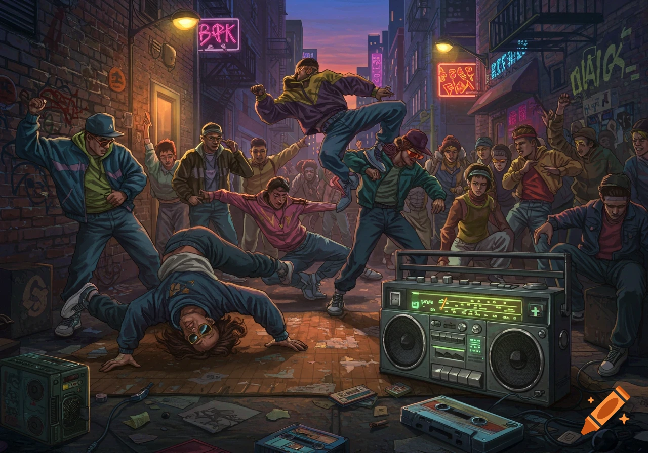 A vibrant 80s style illustration of a breakdance battle in an urban alley with a crowd and boombox.