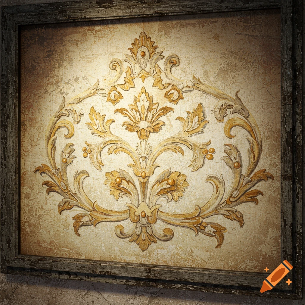 Antique framed wall art with an ornate gold pattern