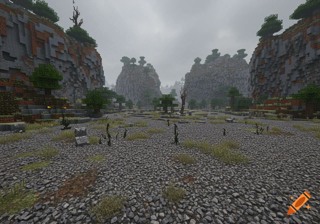 A realistic rendering of a rocky, blocky Minecraft landscape with trees under a cloudy sky.