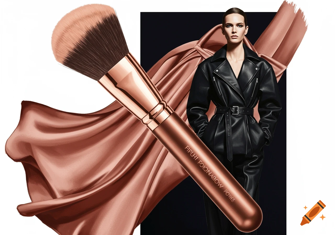 A large makeup brush and a woman in a black leather jacket behind flowing copper fabric on a dark background.