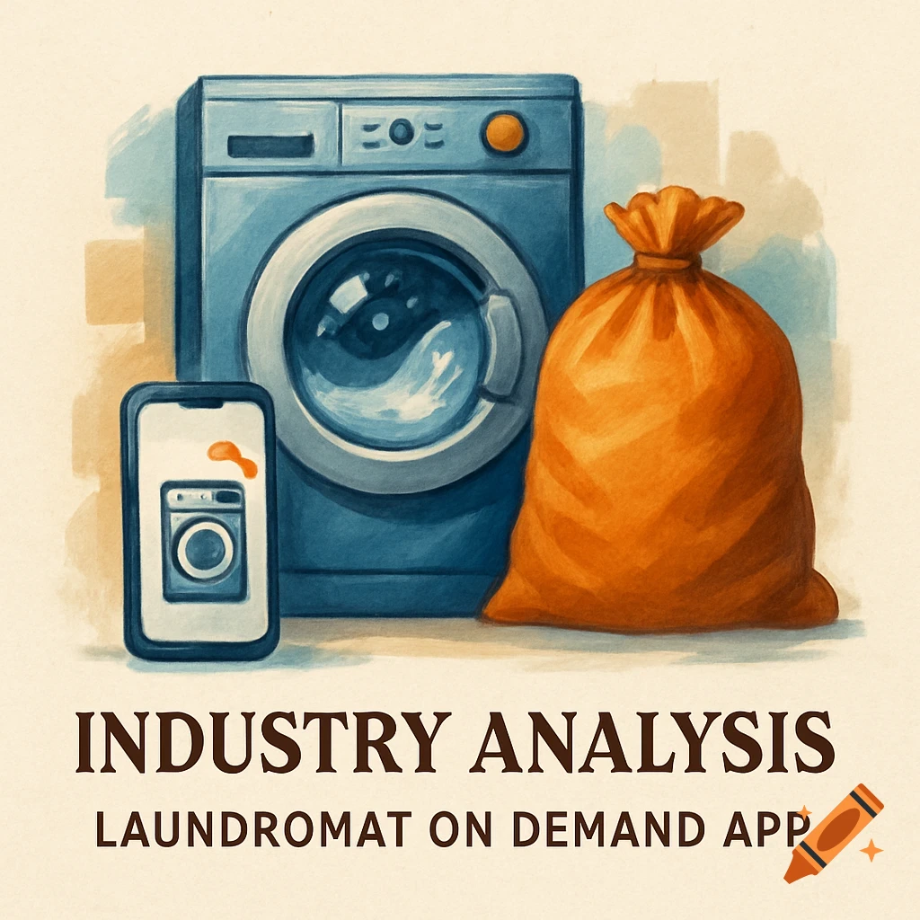 Illustration of a washing machine, phone with an app, and laundry bag with text 'INDUSTRY ANALYSIS LAUNDROMAT ON DEMAND APP'