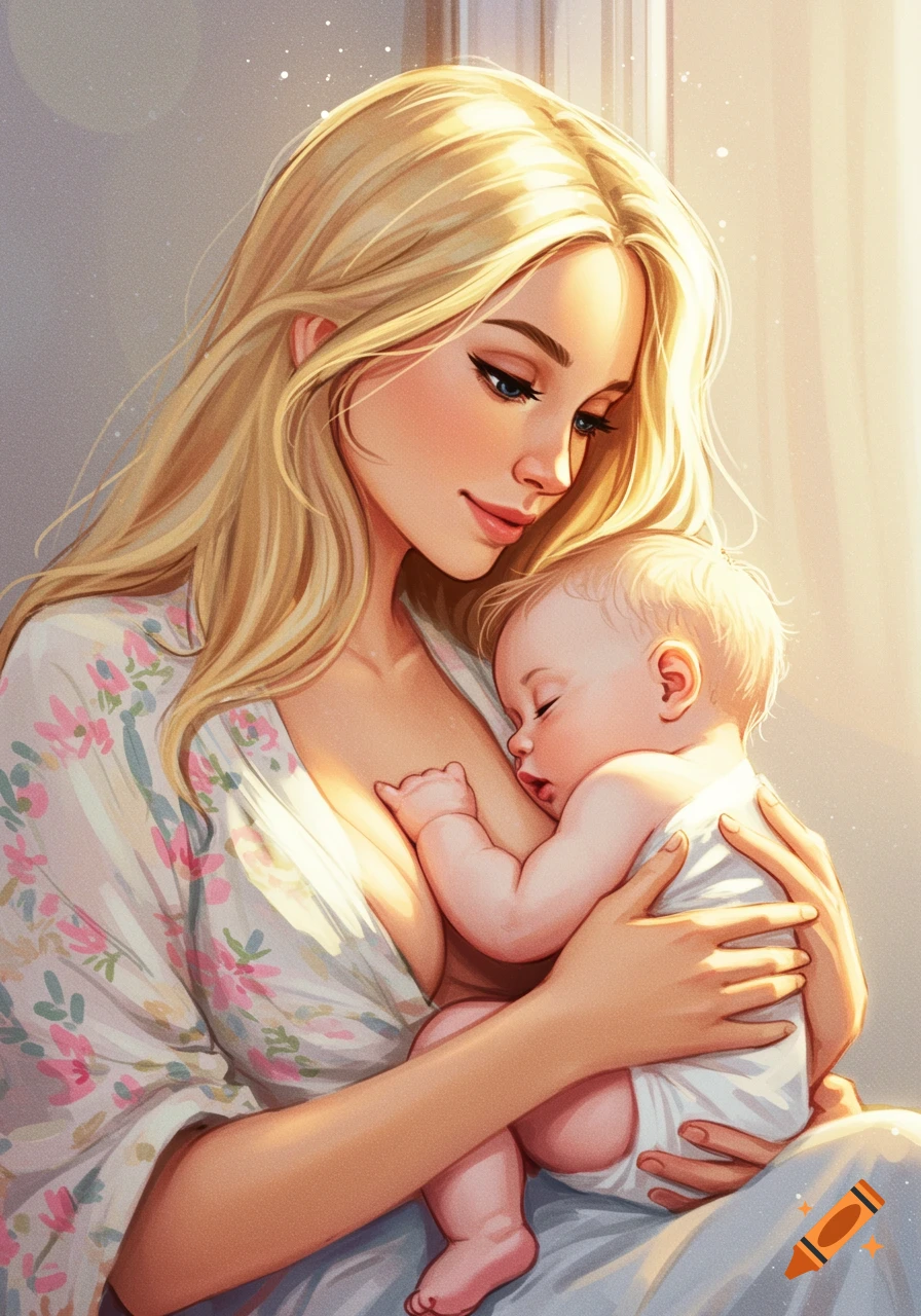 Stylized illustration of a blonde woman breastfeeding a baby.
