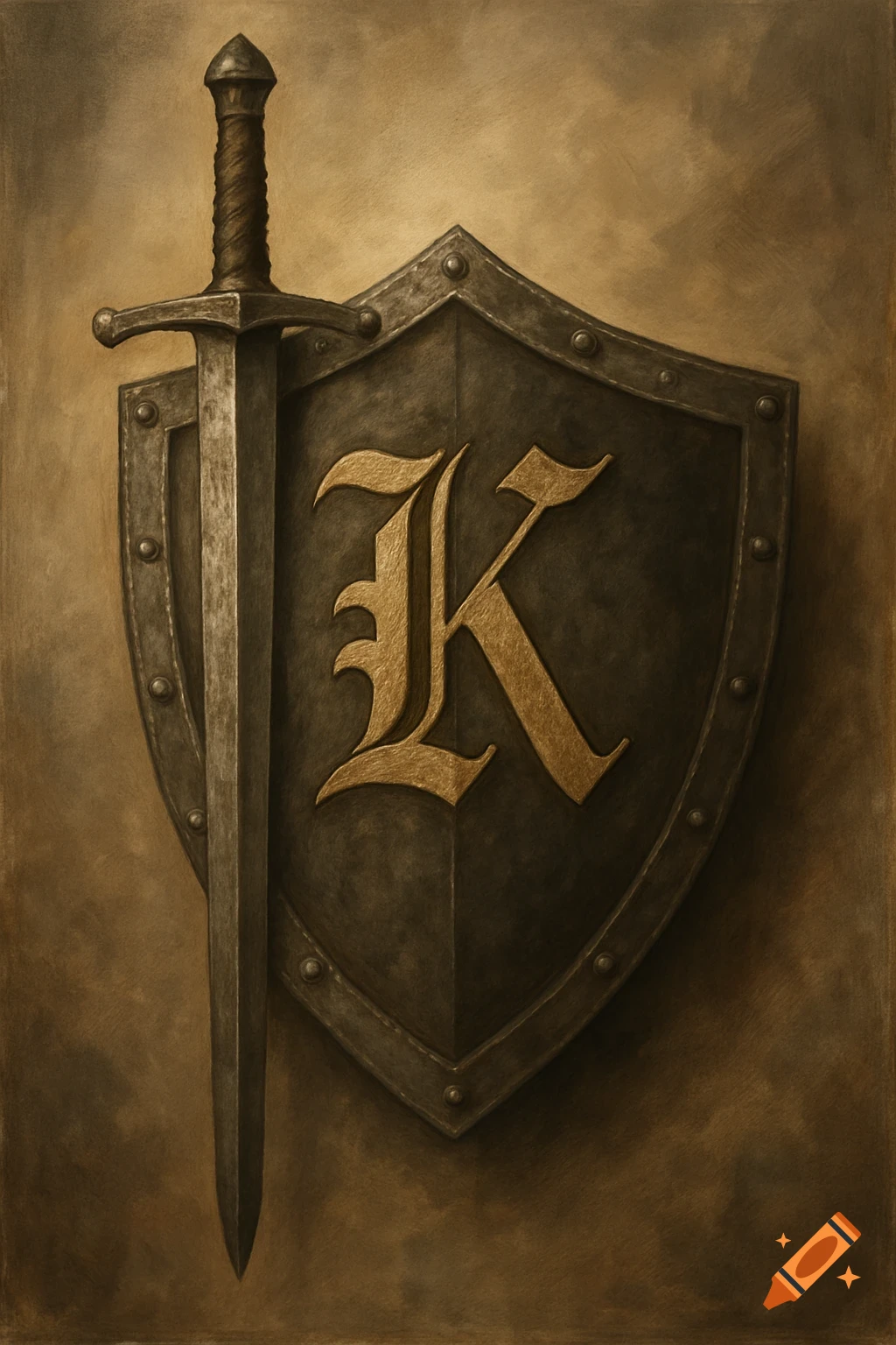 A sword leaning against a shield with a golden old English letter K on it, in a painterly style.