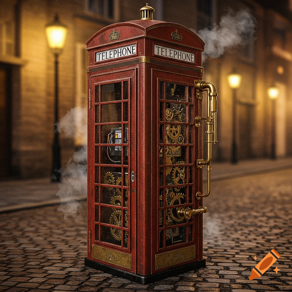 Steampunk style red telephone box on a street at night