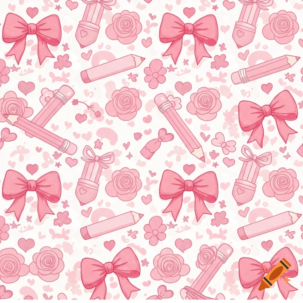 Cute pink seamless pattern with bows, pencils, and flowers