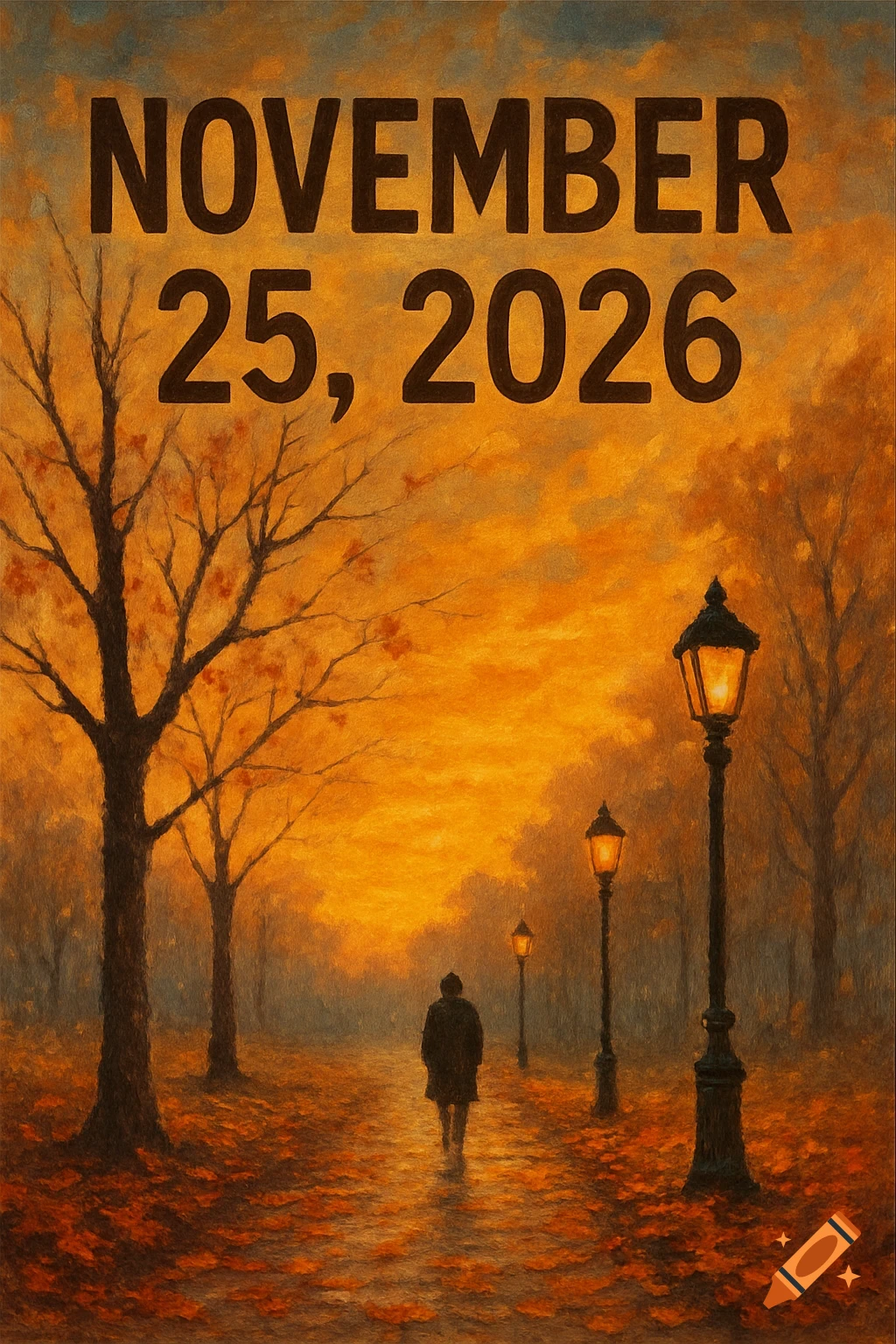 Painting of a figure walking in an autumn park at sunset with lampposts and text NOVEMBER 25, 2026.