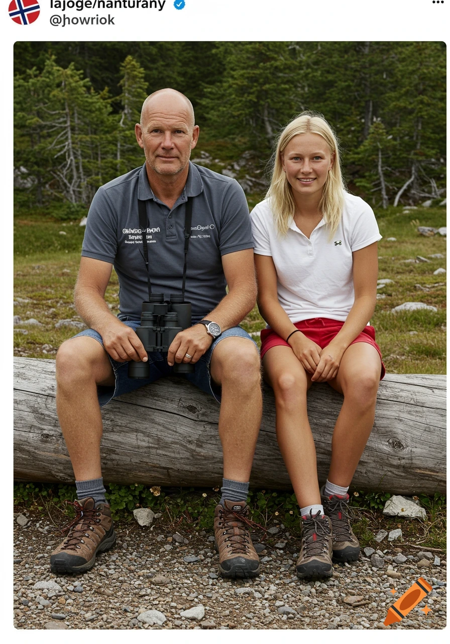 A man and a woman sit side-by-side on a log in a forest setting. The man wears a grey polo and holds binoculars, the woman wears a white polo and red shorts.