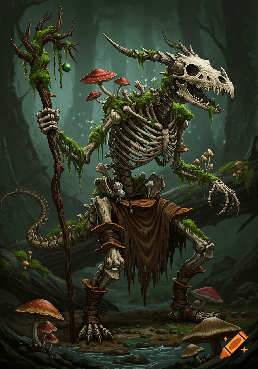 Moss-covered skeleton dragonborn druid holding a staff in a forest with mushrooms.