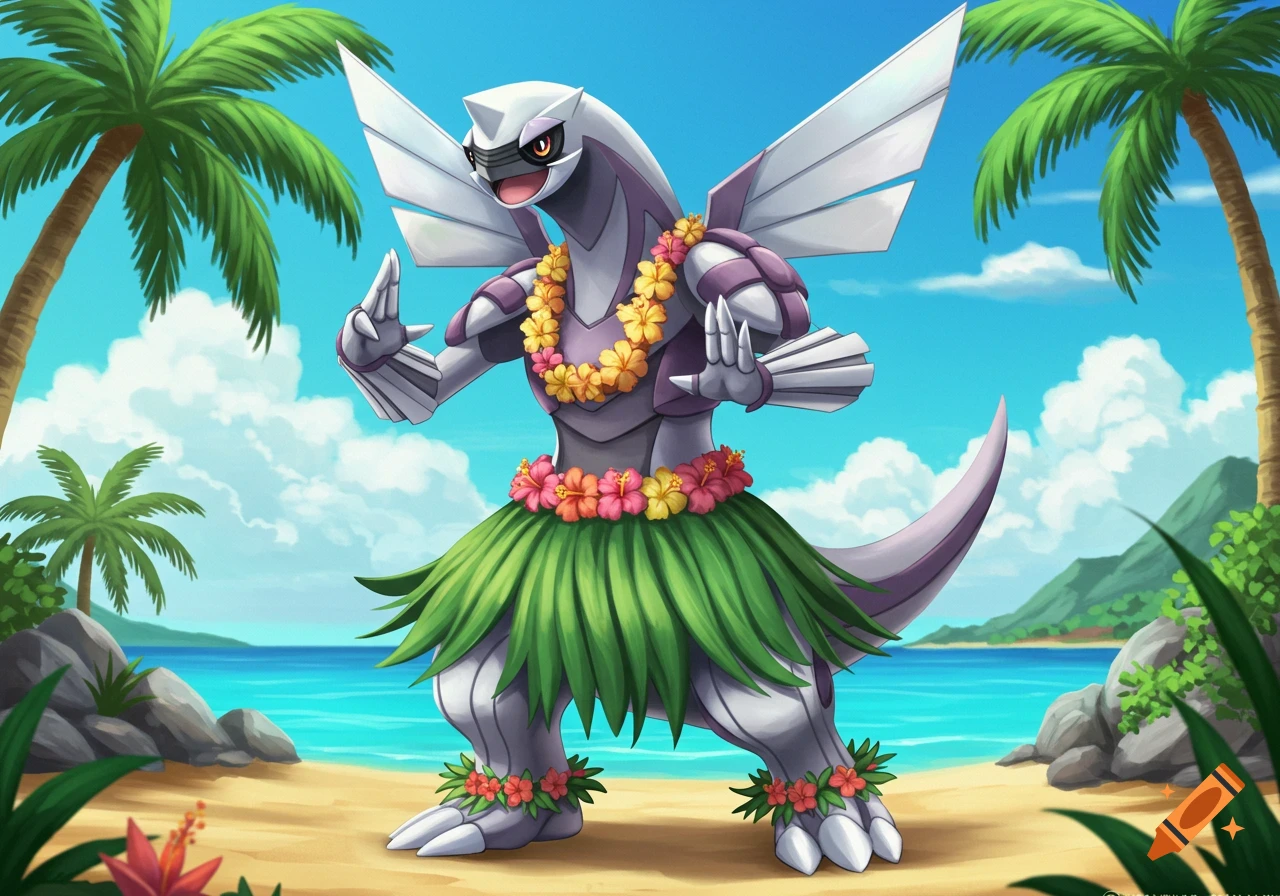 Palkia, a silver and purple Pokemon, wears a hula skirt and lei while dancing on a tropical beach.