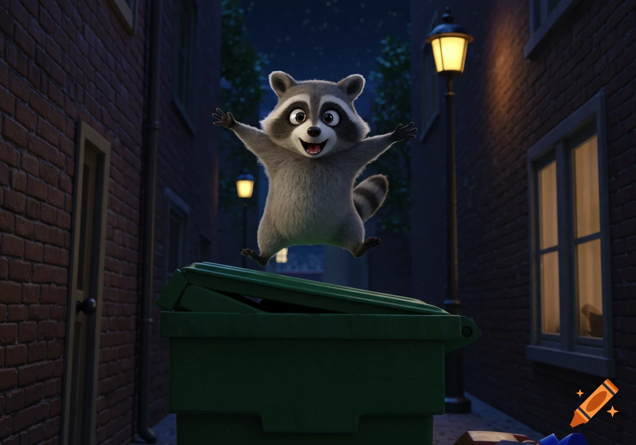 A joyful cartoon raccoon jumps onto a green dumpster in a dark alley at night.