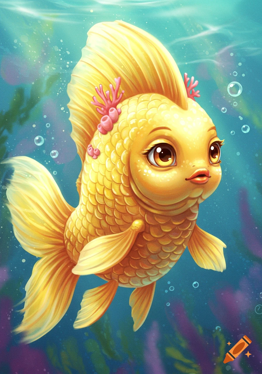 A bright yellow cartoon goldfish swims in clear blue water.