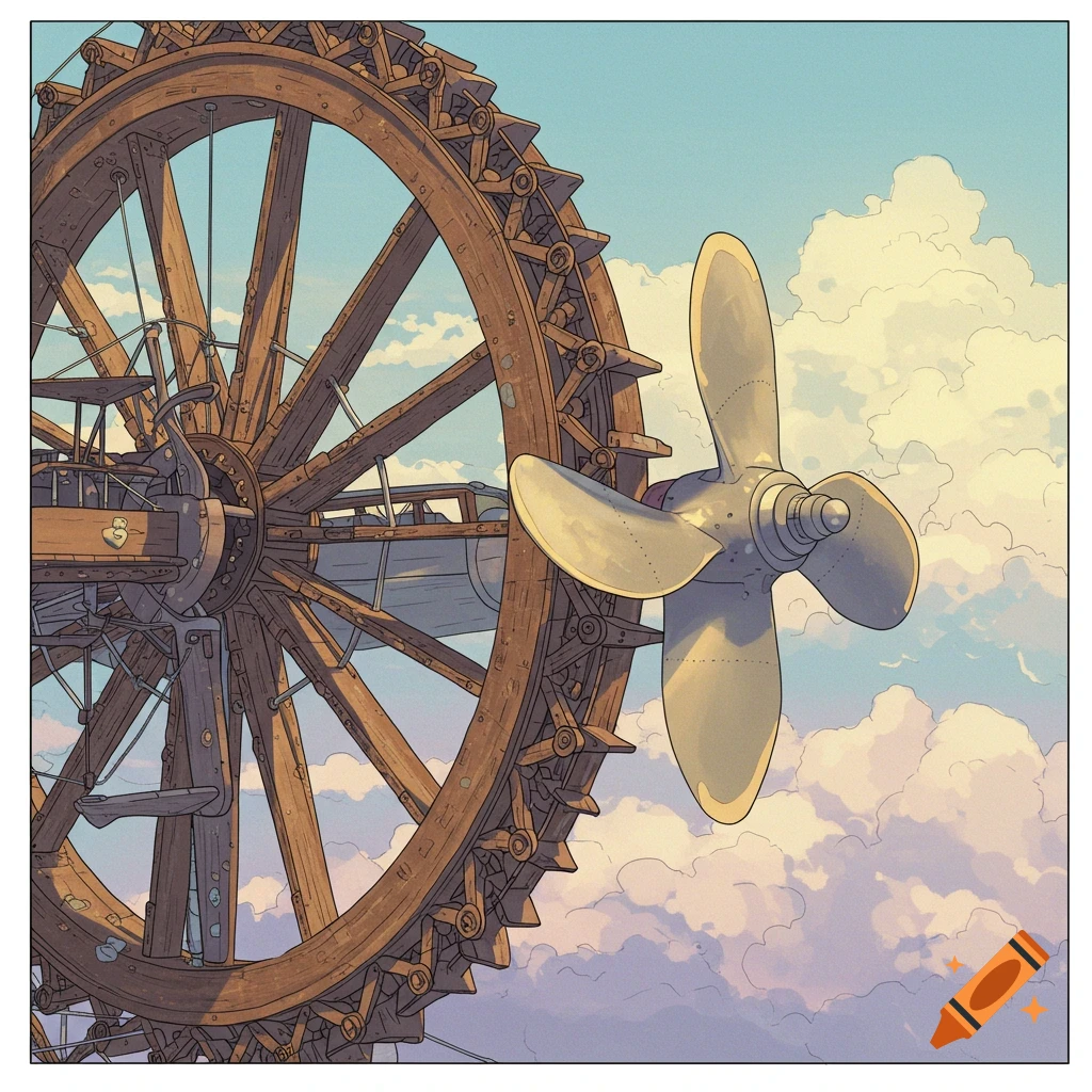 A large wooden gear wheel and a boat propeller against a cloudy sky in an illustration style.