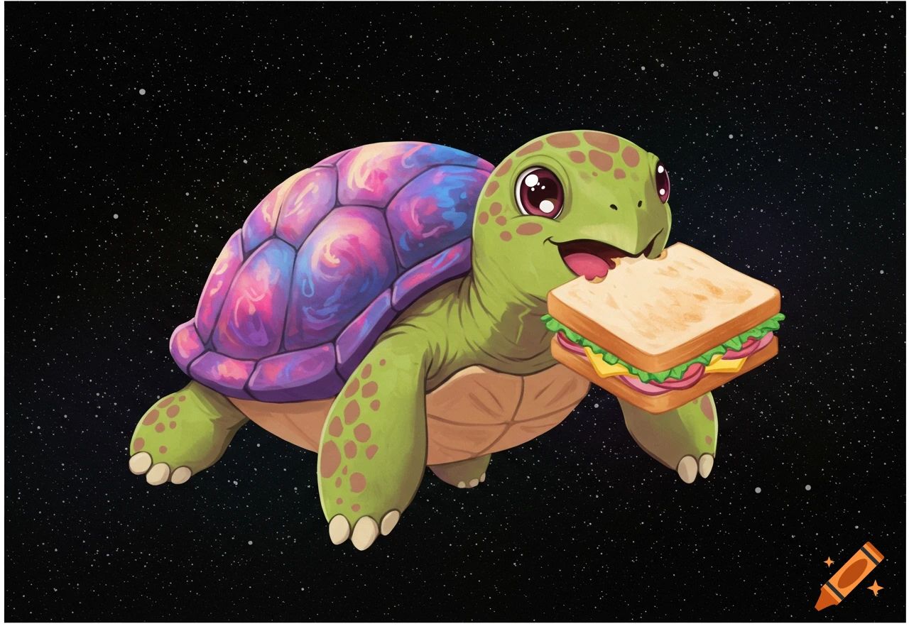 Cartoon illustration of a turtle with a colorful shell eating a sandwich in space.