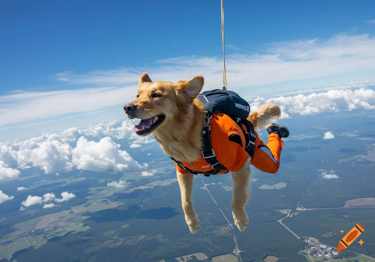 Golden Retriever dog skydiving in an orange jumpsuit.