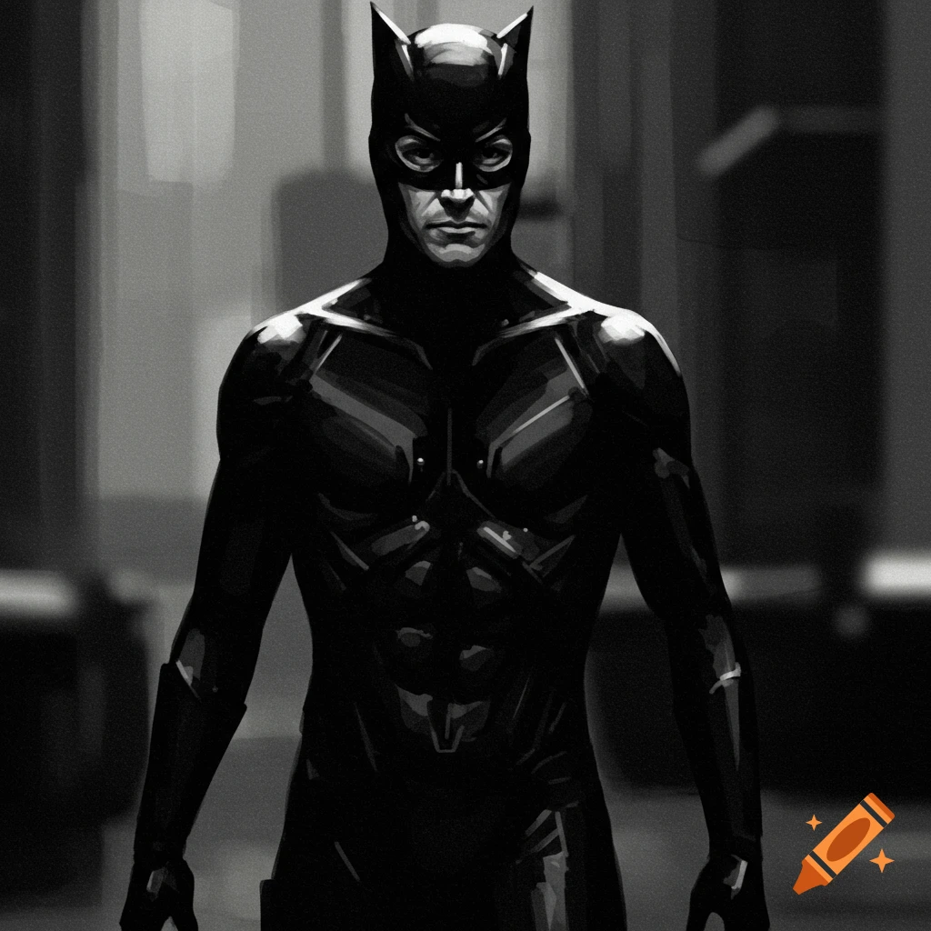 Man in a black catsuit, grainy black and white style.