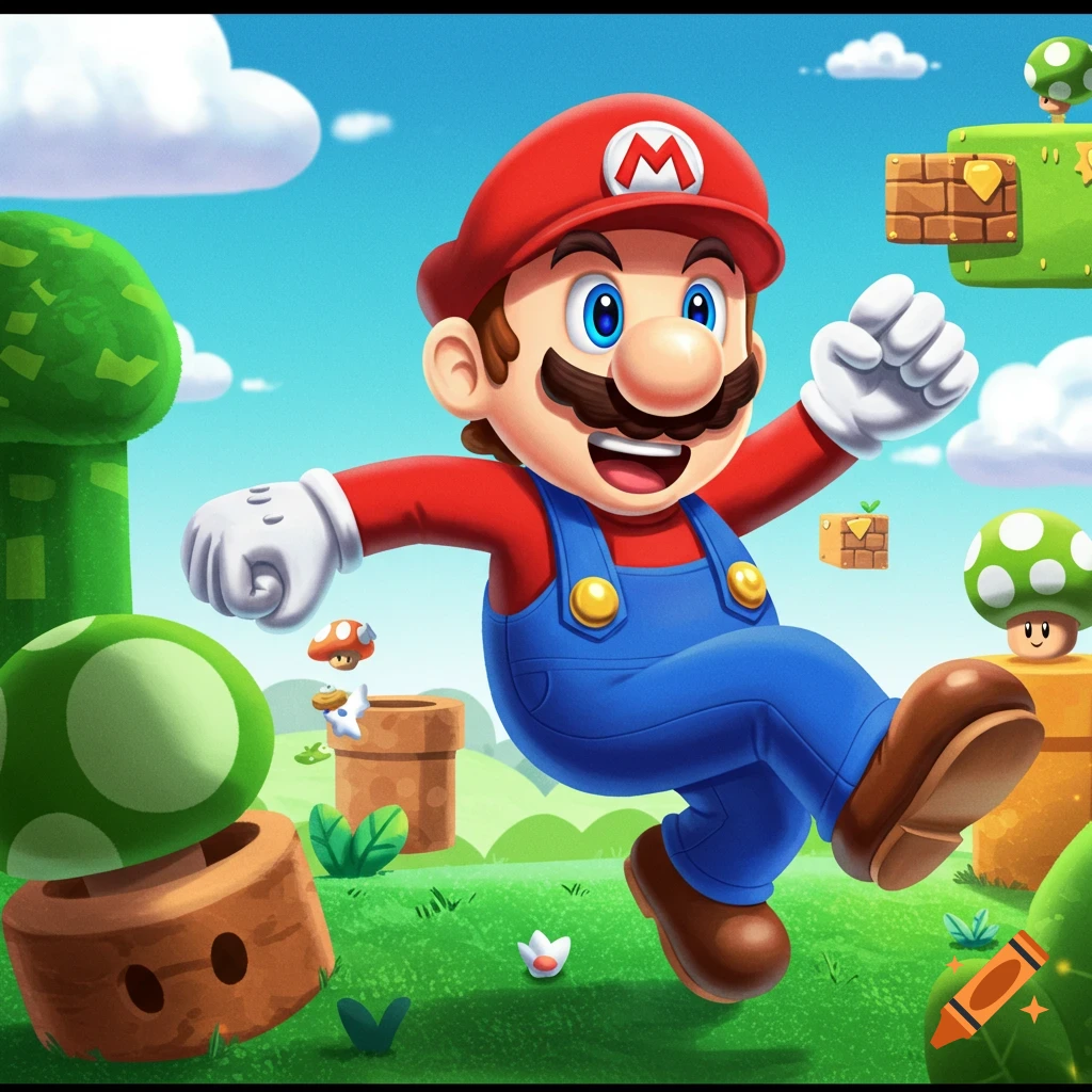 Mario jumps in a vibrant game world with pipes, blocks, and mushrooms.