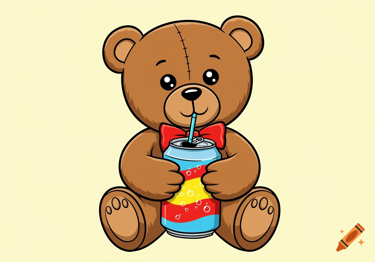 Cartoon teddy bear drinking soda from a can with a straw.