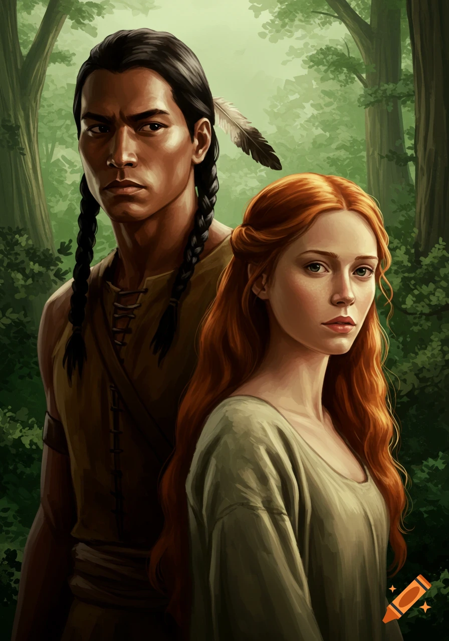 Painting of a man and woman in a forest.