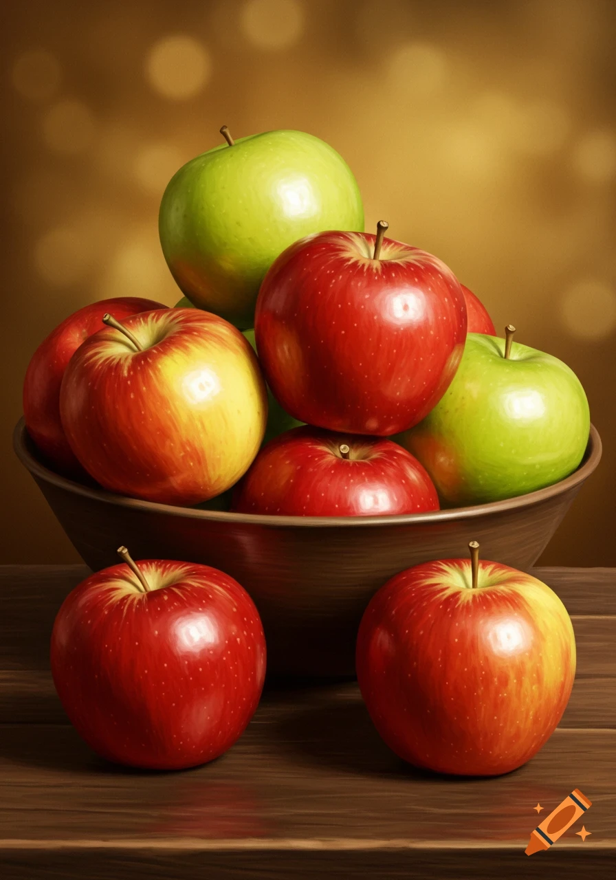 A still life painting of red and green apples in a bowl and on a wooden table.