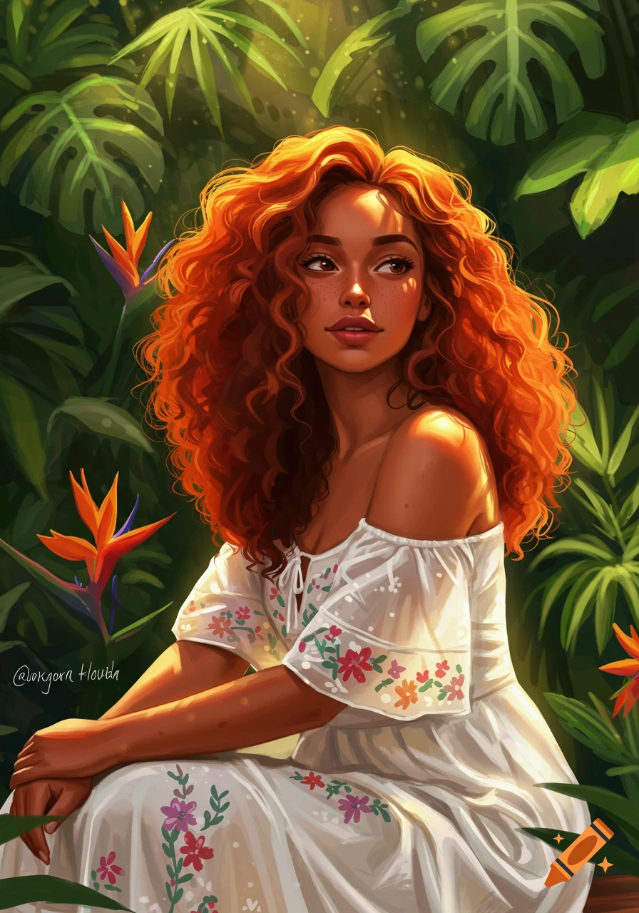 Illustration of a woman with red curly hair in a white floral dress, sitting in a lush tropical forest.