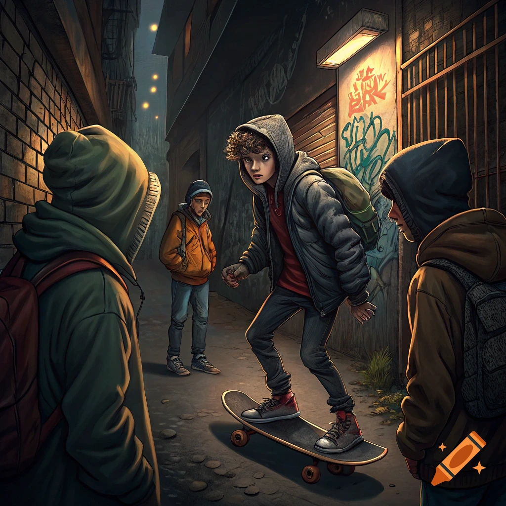 Digital painting of teenagers in a dark alley; one is on a skateboard.