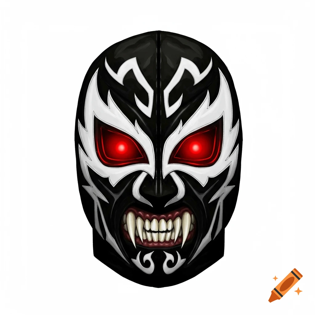 A black luchador mask with red eyes, white designs, and fangs.